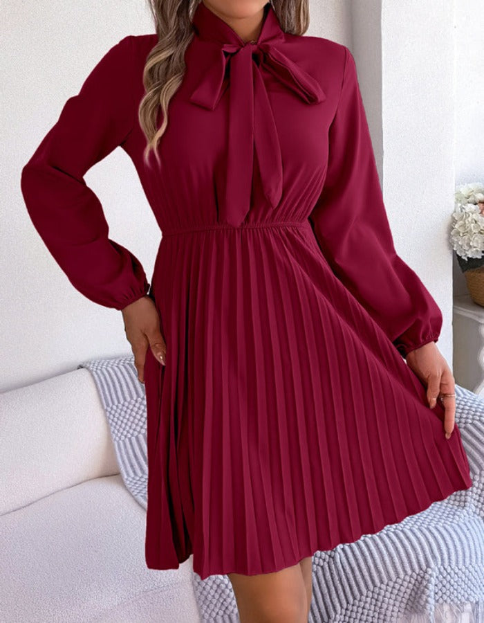 SHOPIQAT Autumn and Winter Temperament Tie Waist Long Sleeve Pleated Skirt - Premium Dresses from shopiqat - Just $8.900! Shop now at shopiqat